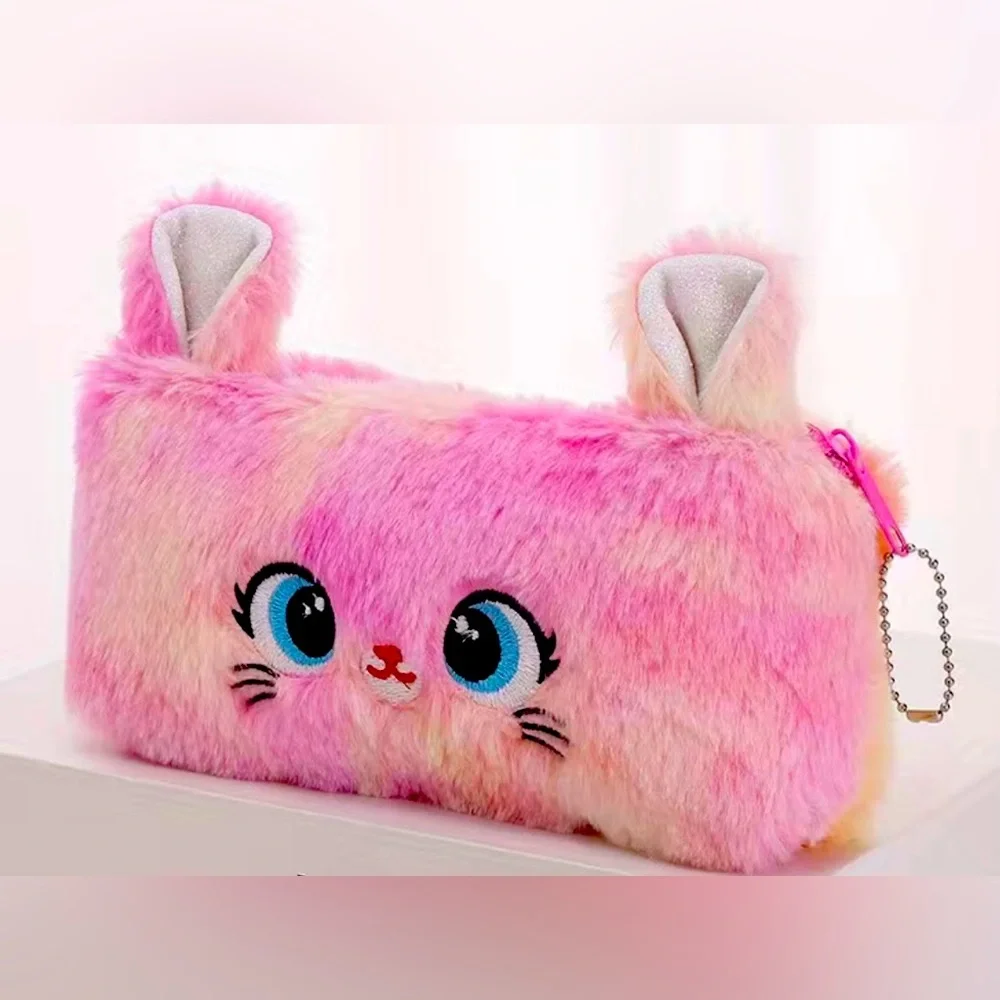 Cosmetic Bag Cat Plush Pencil Case Pastel Rainbow Colors Travel